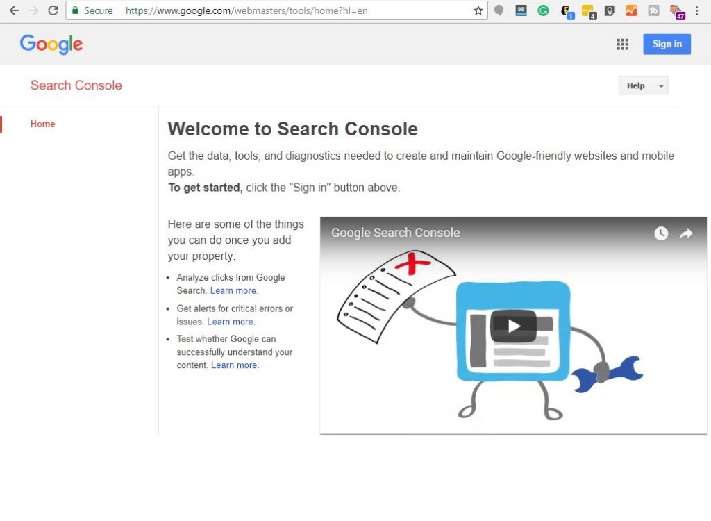 Screenshot of Google's Search Console welcome page.