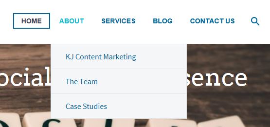 Screenshot of navigation menu with a drop-down menu from KJcontentmarketing.com.
