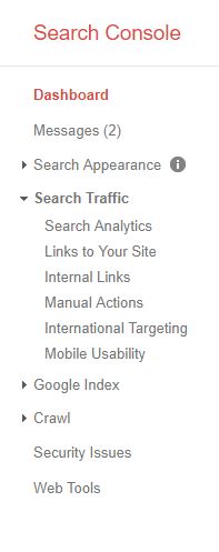 Screenshot of Google's Search Console menu.