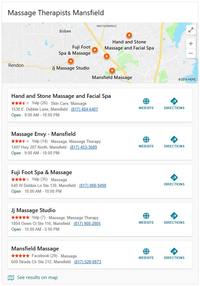 Bing local pack for "massage therapists mansfield."