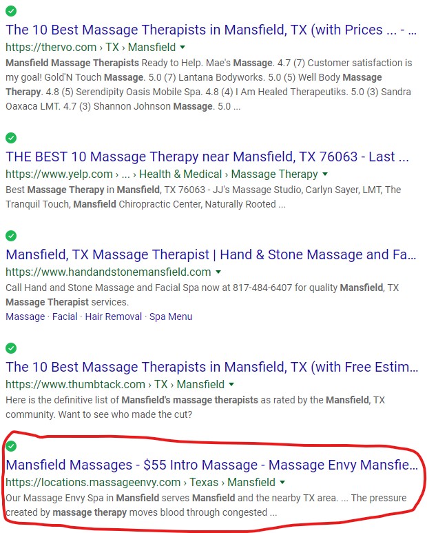 Massage Envy shows in local search results for “massage therapist mansfield.”