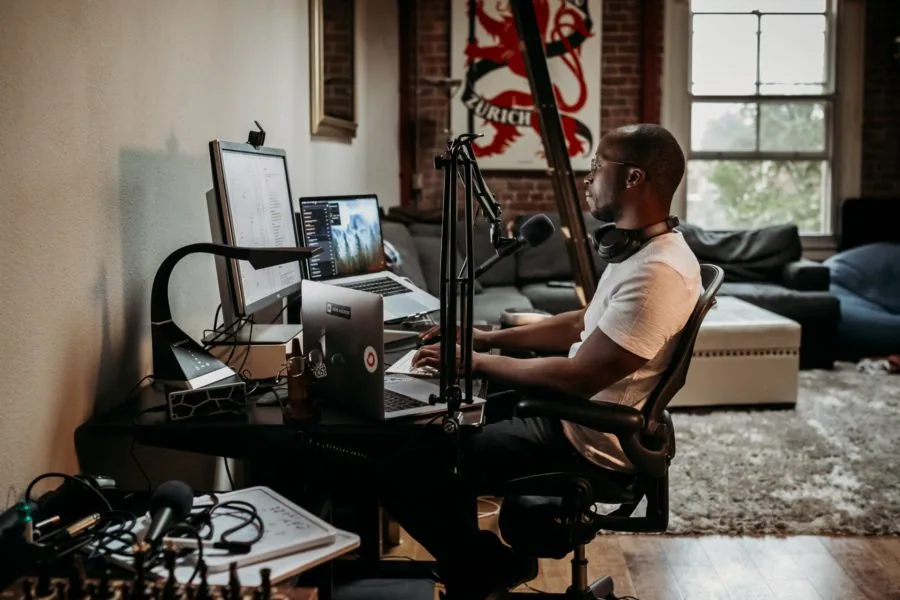 Man creating a podcast.