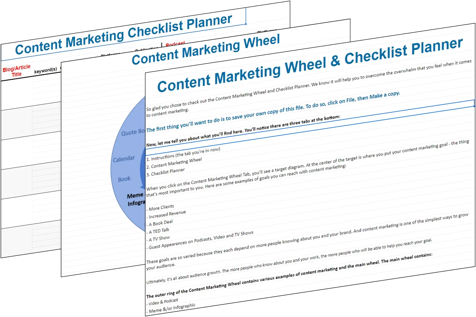 Overlapping pages of a Content Marketing Wheel and Checklist Planner document with a circular wheel diagram showing content categories like Calendar, Book, Membership, and Infographics.