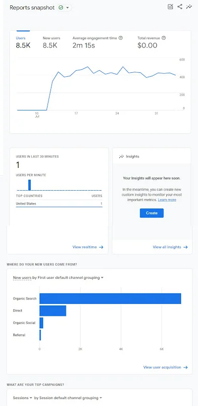 Screenshot of GA4 reports snapshot page.