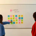Two women at a white board discussing their employer of choice strategy.